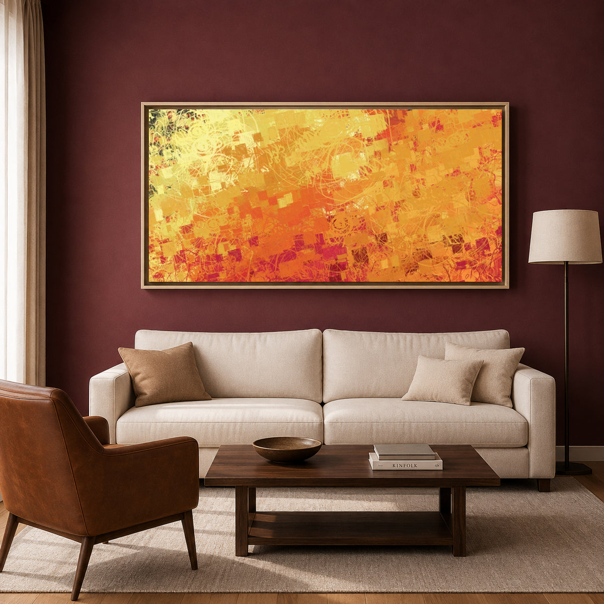 Orange and Yellow Abstract Canvas Art with Layered Geometric Texture