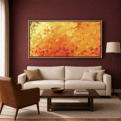 Orange and Yellow Abstract Canvas Art with Layered Geometric Texture