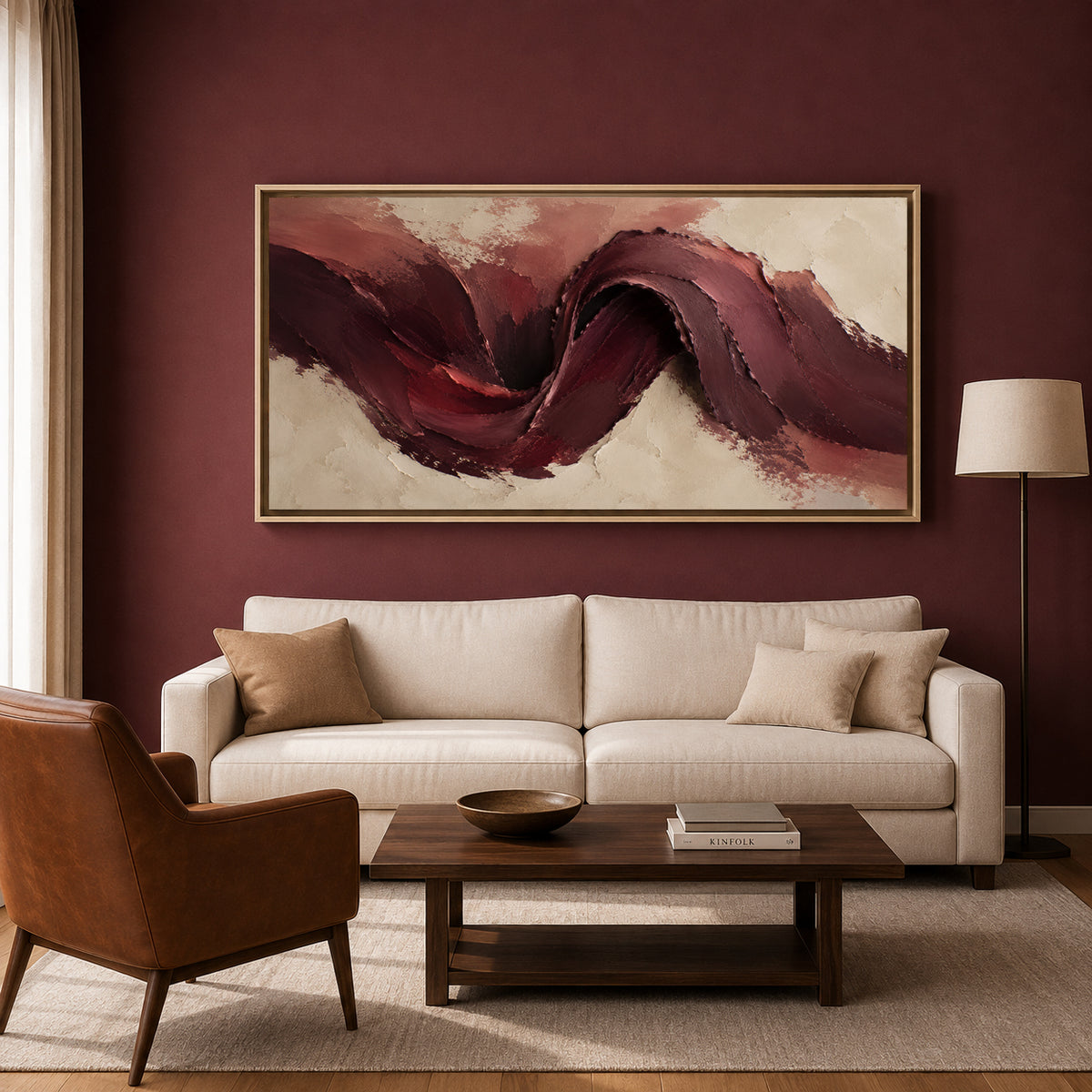 Burgundy and Beige Abstract Canvas Wall Art Painting for Living Room