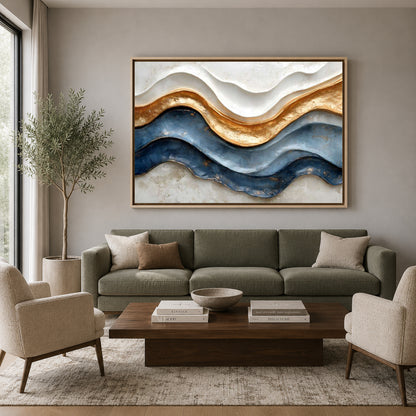 Blue and Gold Abstract Modern Canvas Painting with Sculptural Waves