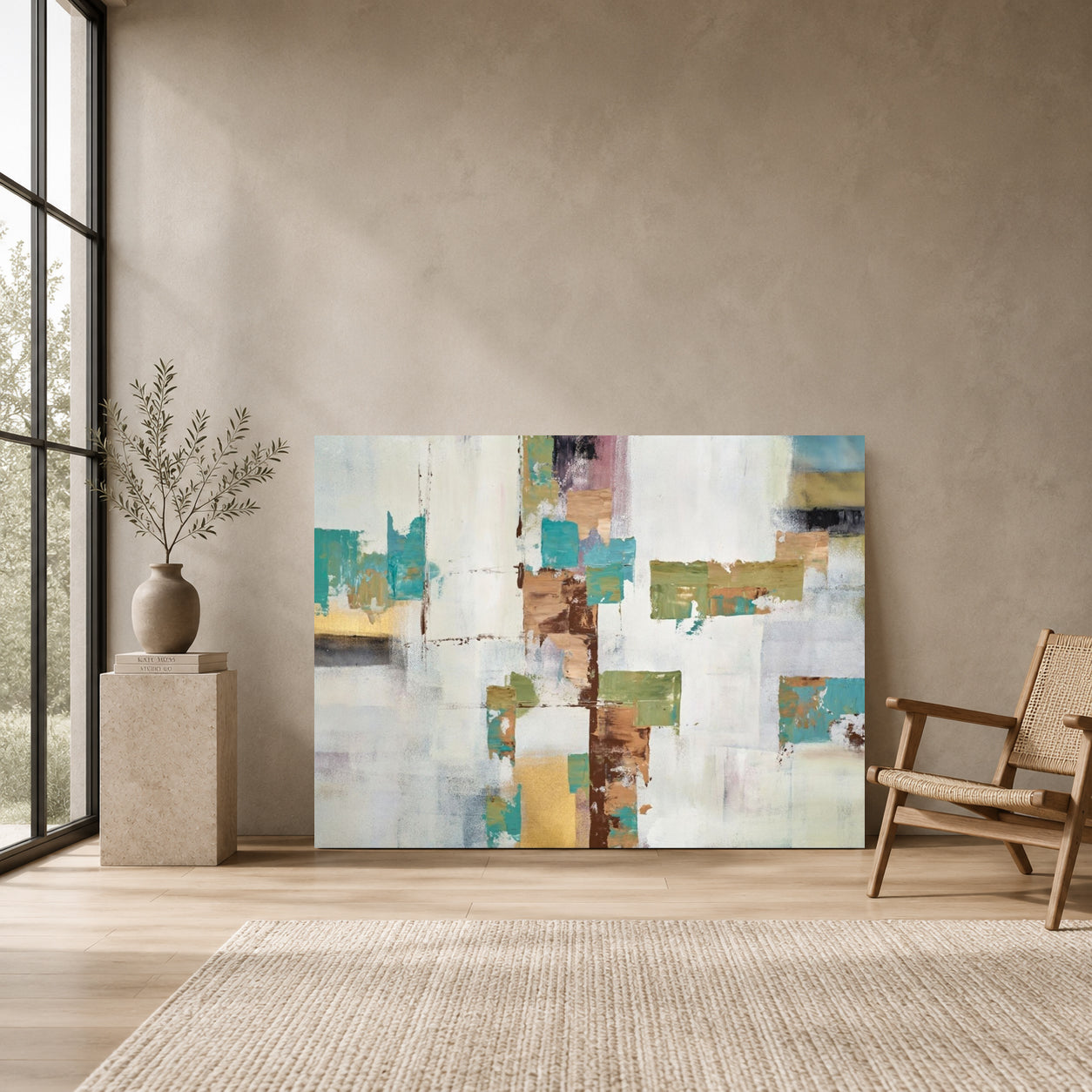Modern Teal Gold Abstract Canvas Wall Art for Living Room Decor