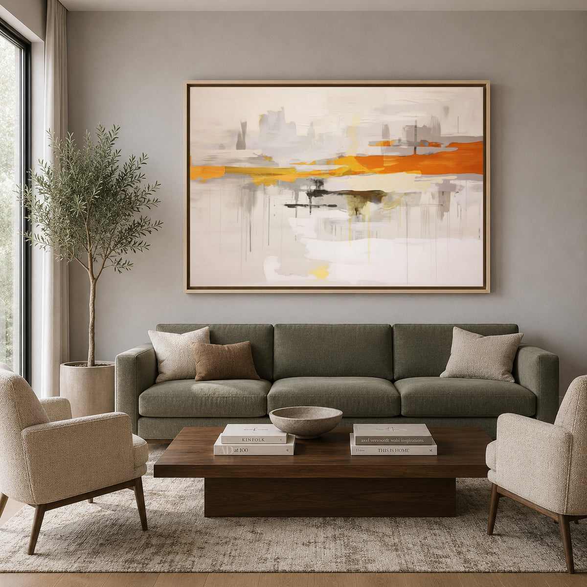 Orange White Abstract Canvas Wall Art for Modern Living Room Decor