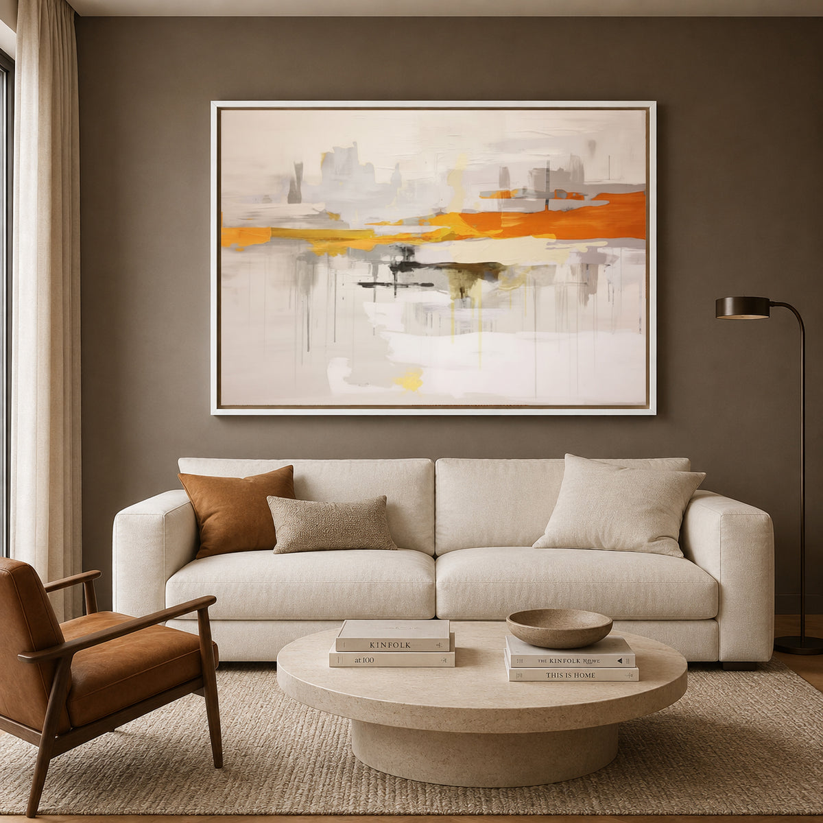 Orange White Abstract Canvas Wall Art for Modern Living Room Decor