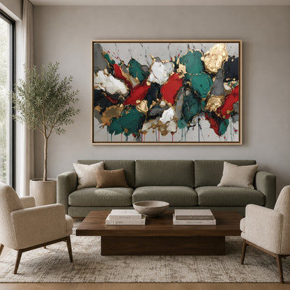 Emerald Red and Gold Abstract Canvas Art with Bold Textured Forms