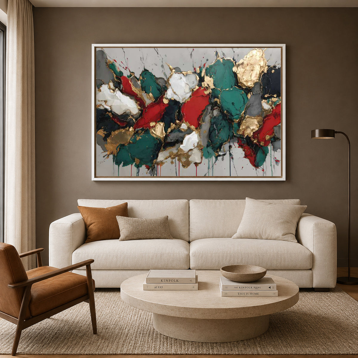 Emerald Red and Gold Abstract Canvas Art with Bold Textured Forms