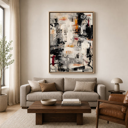 Neutral Black and White Abstract Canvas Art with Bold Textured Brushwork