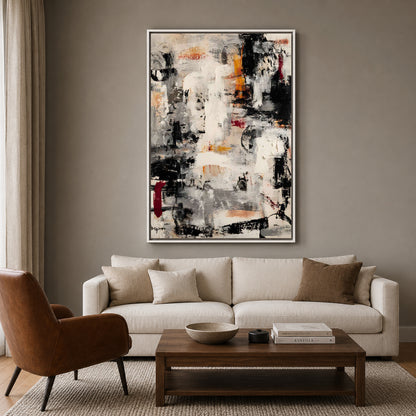 Neutral Black and White Abstract Canvas Art with Bold Textured Brushwork