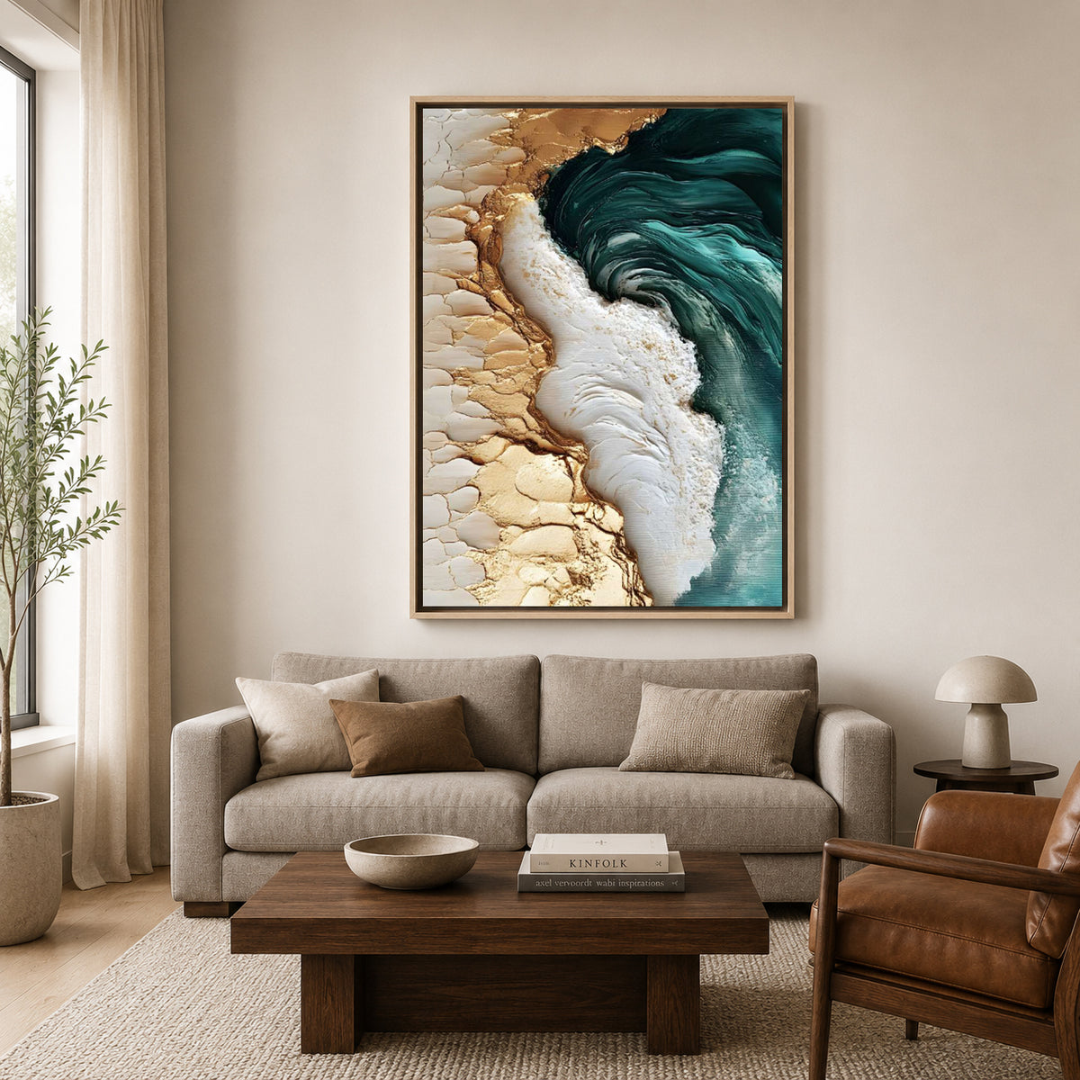 Luxury Ocean Wave Abstract Canvas Wall Art with Gold Accents