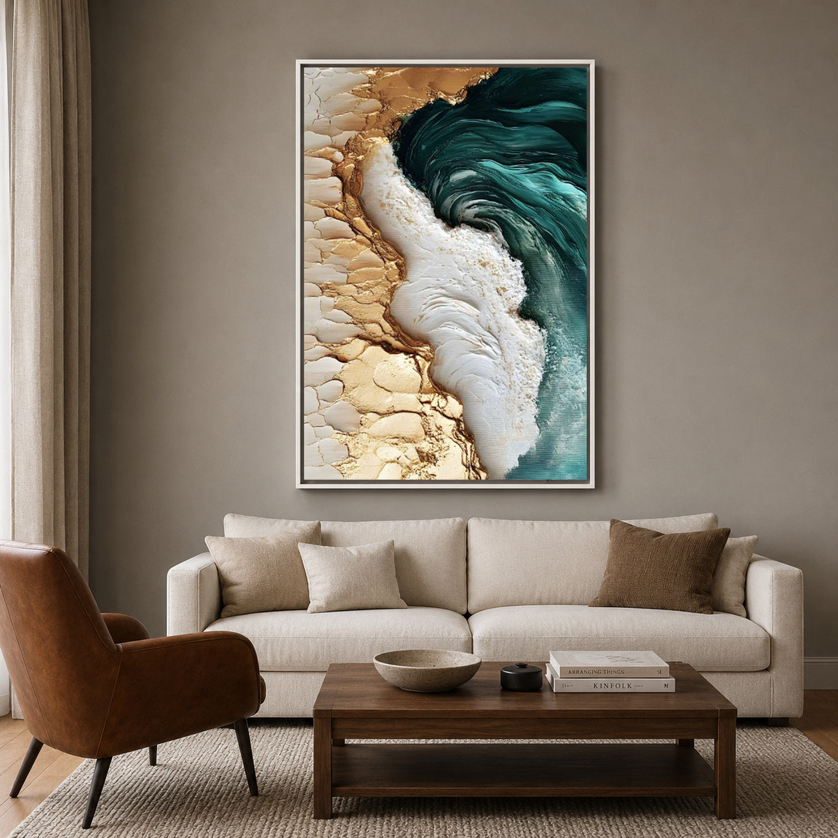 Luxury Ocean Wave Abstract Canvas Wall Art with Gold Accents