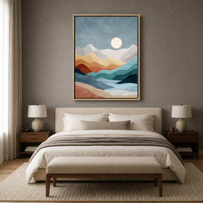 Abstract Mountain Landscape Canvas Art in Blue Teal and Earthy Tones