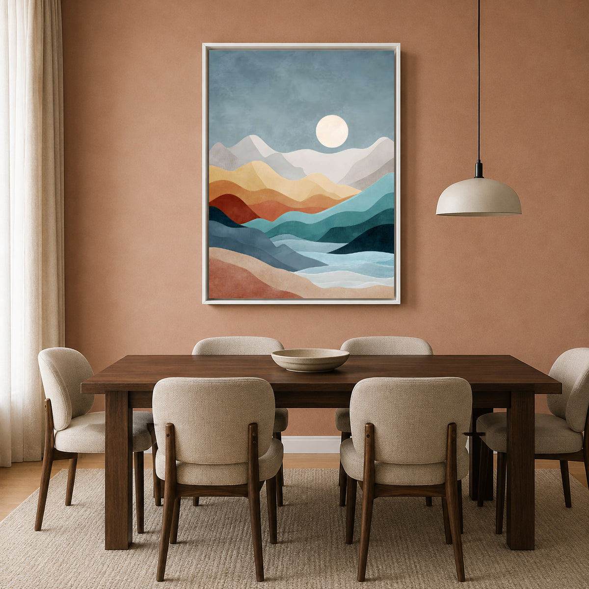 Abstract Mountain Landscape Canvas Art in Blue Teal and Earthy Tones