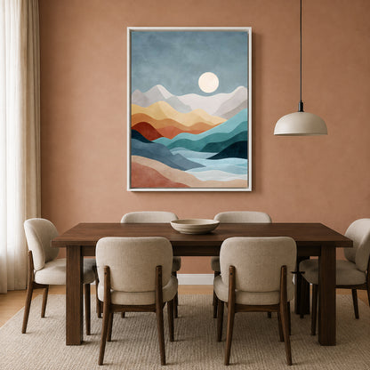 Abstract Mountain Landscape Canvas Art in Blue Teal and Earthy Tones