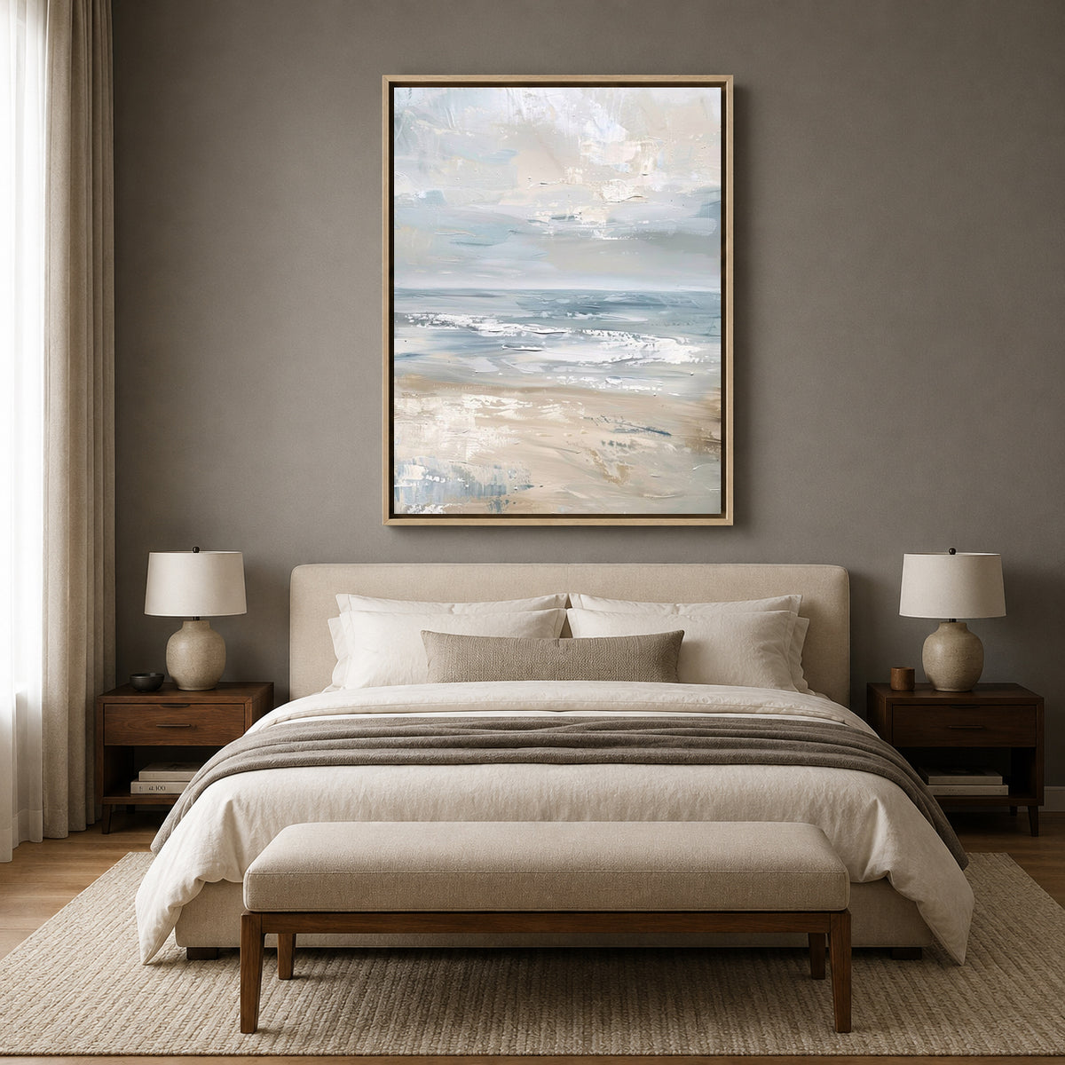Neutral Coastal Abstract Canvas Painting in Soft Blue and Beige