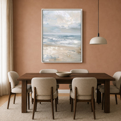 Neutral Coastal Abstract Canvas Painting in Soft Blue and Beige