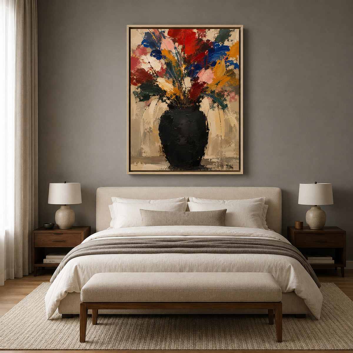 Colorful Wildflower Bouquet Abstract Canvas Art with Black Vase