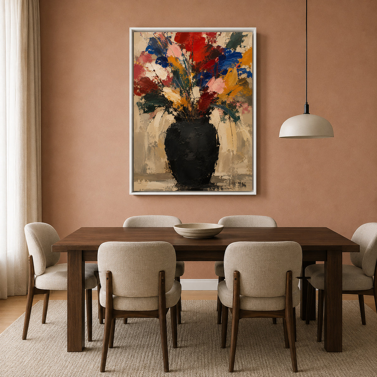Colorful Wildflower Bouquet Abstract Canvas Art with Black Vase