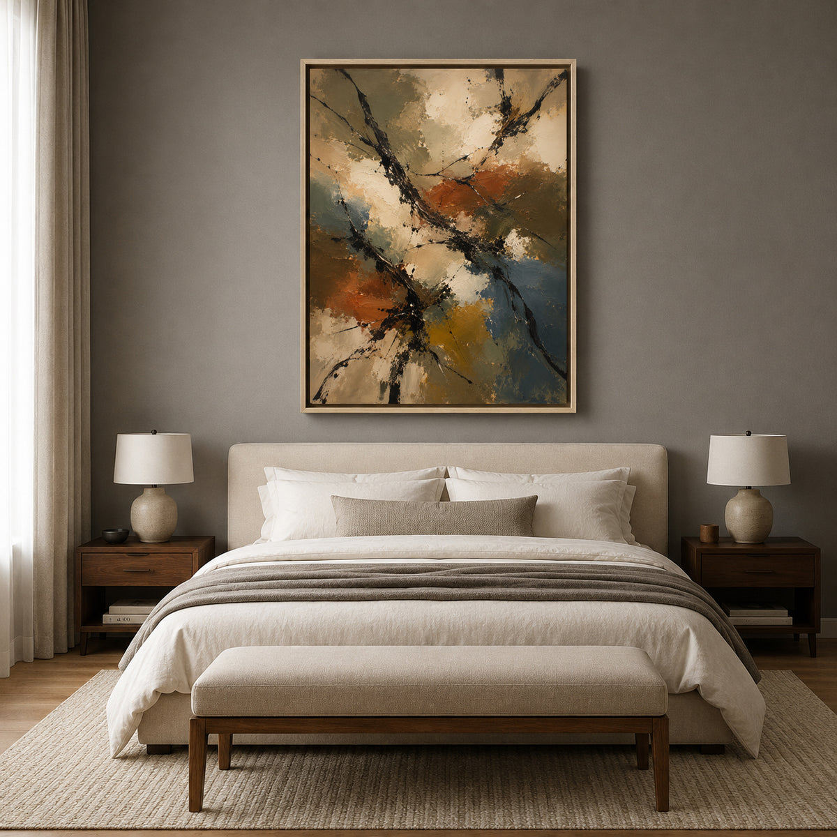 Warm Neutral Abstract Canvas Art with Rust Ochre and Charcoal