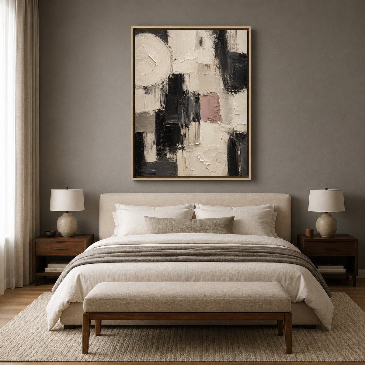 Black and White Abstract Canvas Art with Blush Accent