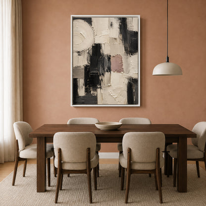 Black and White Abstract Canvas Art with Blush Accent