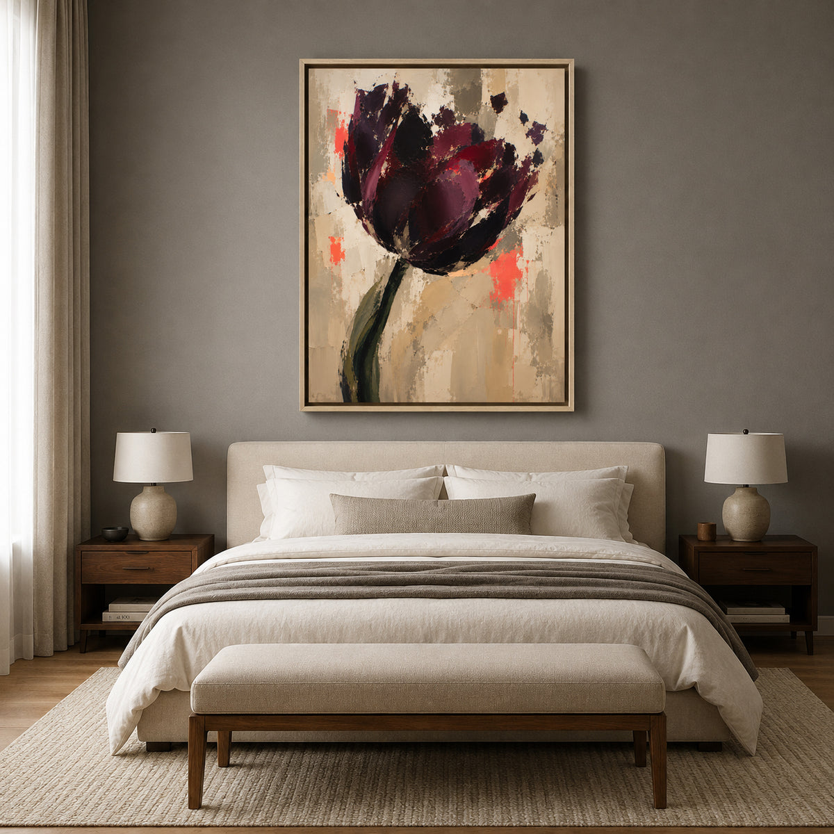 Dark Burgundy Tulip Abstract Canvas Art with Textured Neutral Background