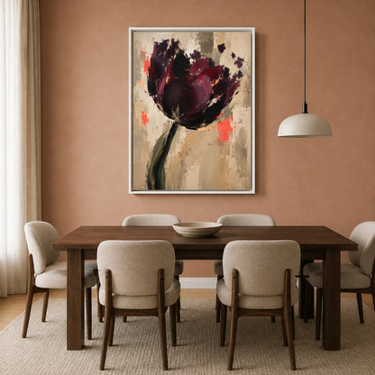 Dark Burgundy Tulip Abstract Canvas Art with Textured Neutral Background