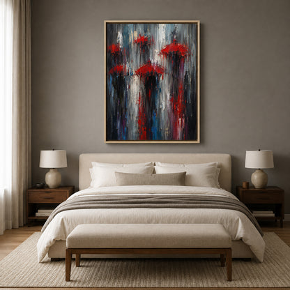 Red Umbrellas in the Rain Abstract City Canvas Art