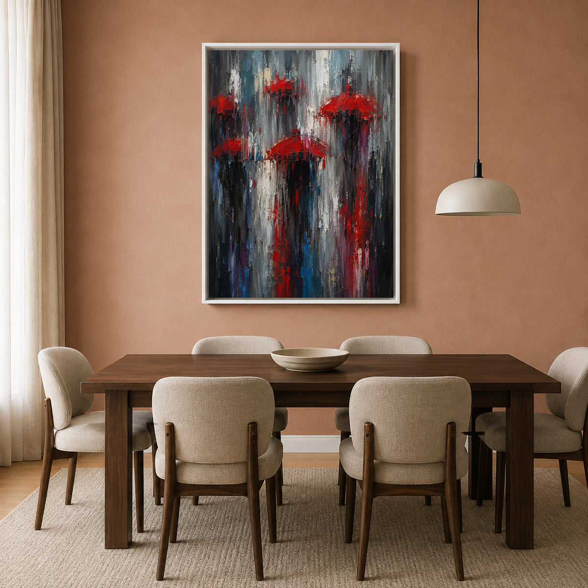 Red Umbrellas in the Rain Abstract City Canvas Art