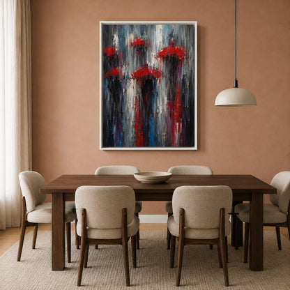 Red Umbrellas in the Rain Abstract City Canvas Art