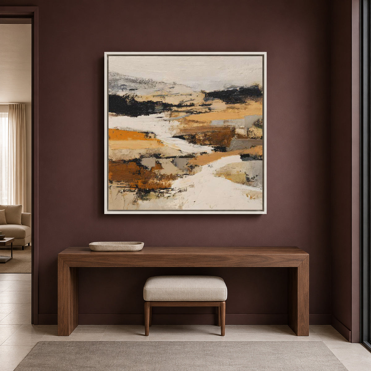 Earthy Neutral Abstract Canvas Art with Ochre Black and Beige Textures