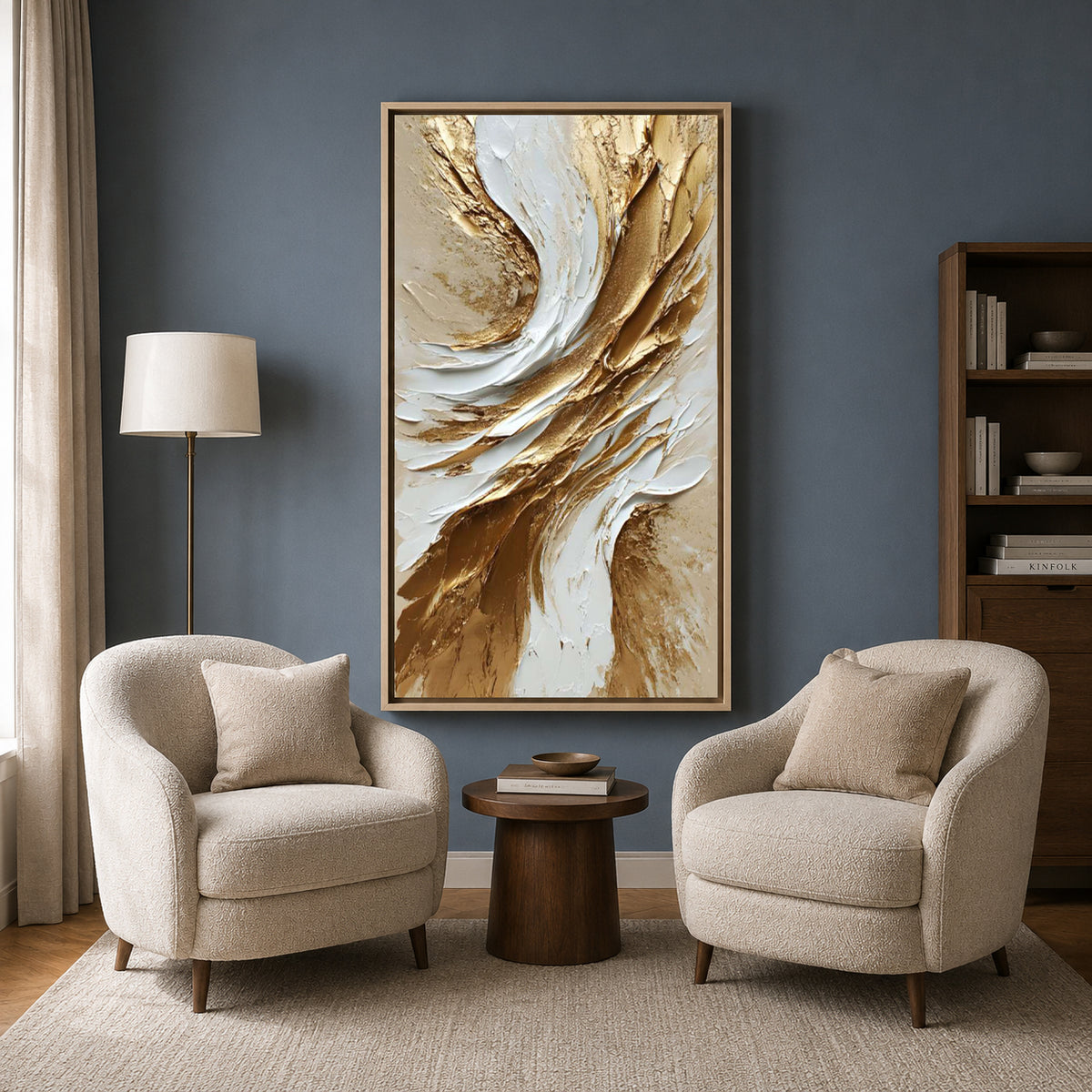 Golden Whisper Abstract Wall Art – Luxury White & Gold Vertical Canvas