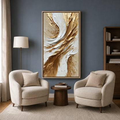 Golden Whisper Abstract Wall Art – Luxury White & Gold Vertical Canvas