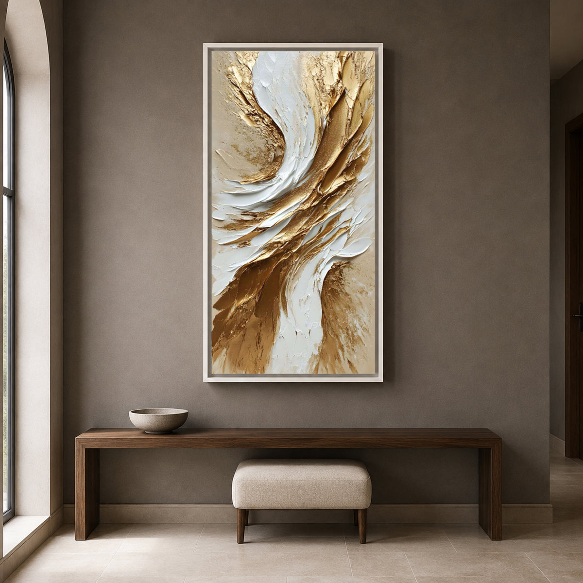 Golden Whisper Abstract Wall Art – Luxury White & Gold Vertical Canvas
