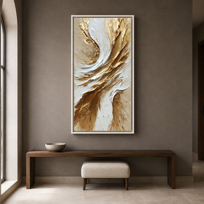 Golden Whisper Abstract Wall Art – Luxury White & Gold Vertical Canvas