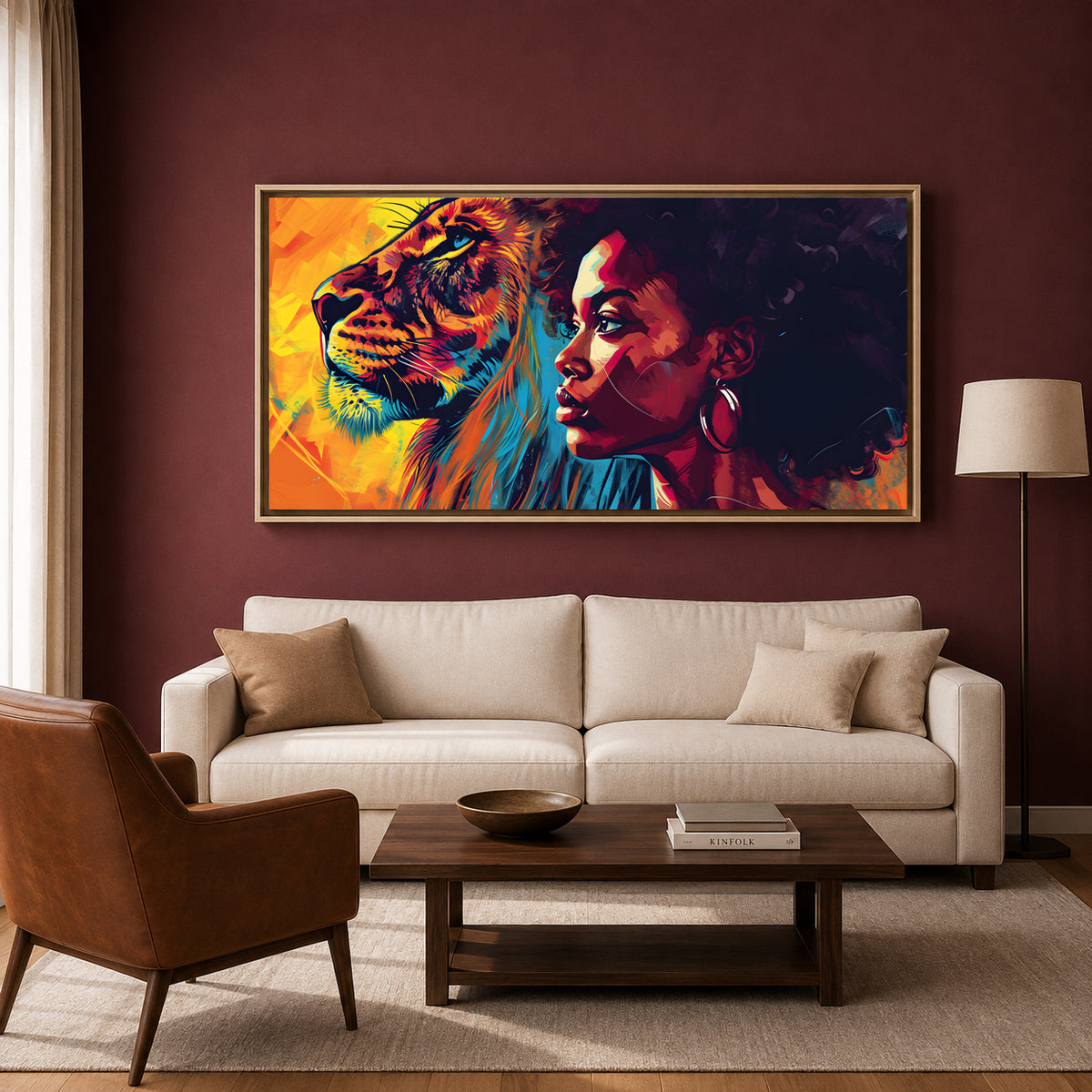 Colorful Lion & Woman Abstract Canvas Wall Art Painting