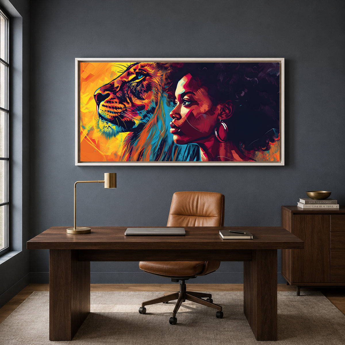 Colorful Lion & Woman Abstract Canvas Wall Art Painting
