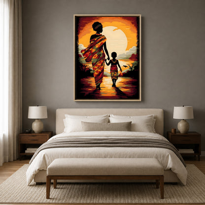 African Mother and Child Sunset Canvas Wall Art for Home Decor