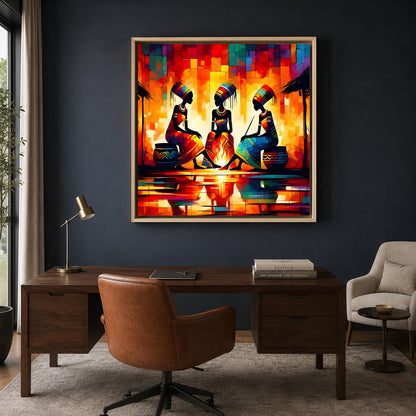 African Tribal Women Around Campfire Canvas Wall Art for Decor