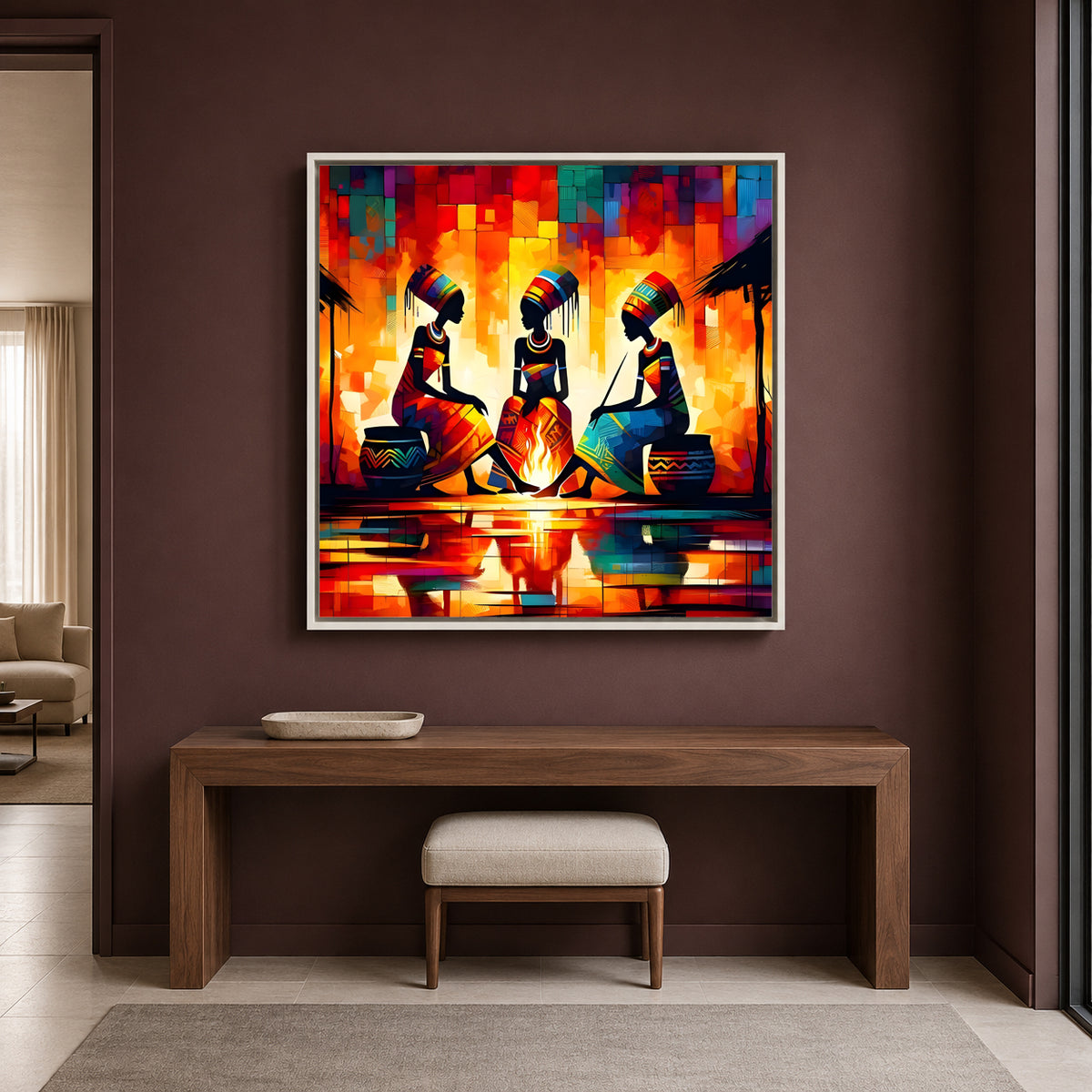 African Tribal Women Around Campfire Canvas Wall Art for Decor
