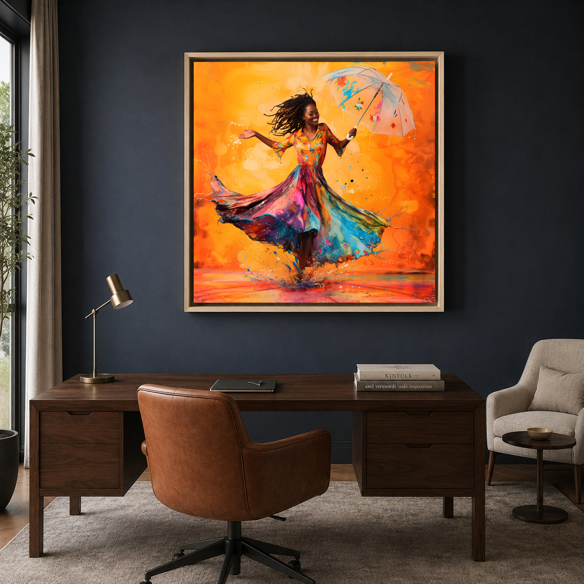 Joyful Woman with Umbrella Abstract Canvas Wall Art for Home Decor