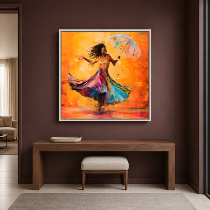 Joyful Woman with Umbrella Abstract Canvas Wall Art for Home Decor
