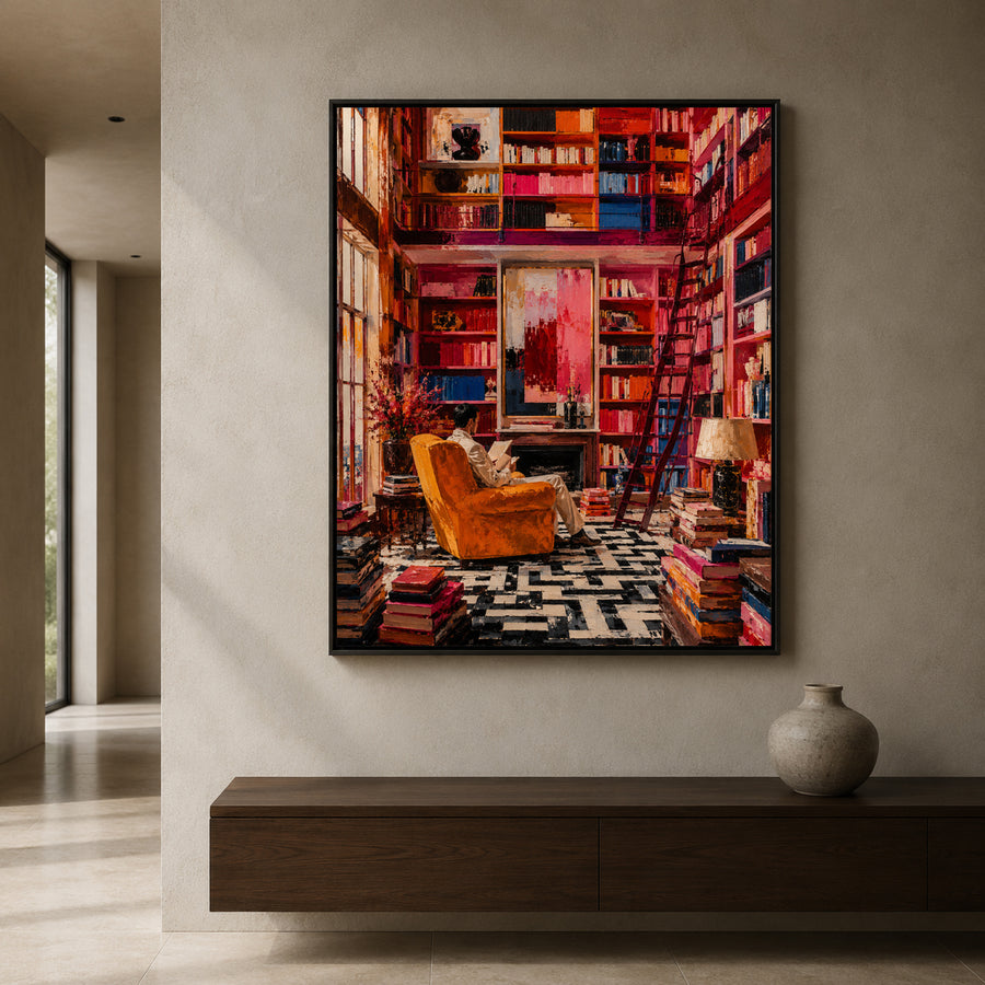 A framed vertical art print depicting a vibrant, colorful library interior with a mustard yellow armchair, mounted on a light gray wall above a dark wood console table with a ceramic vase.