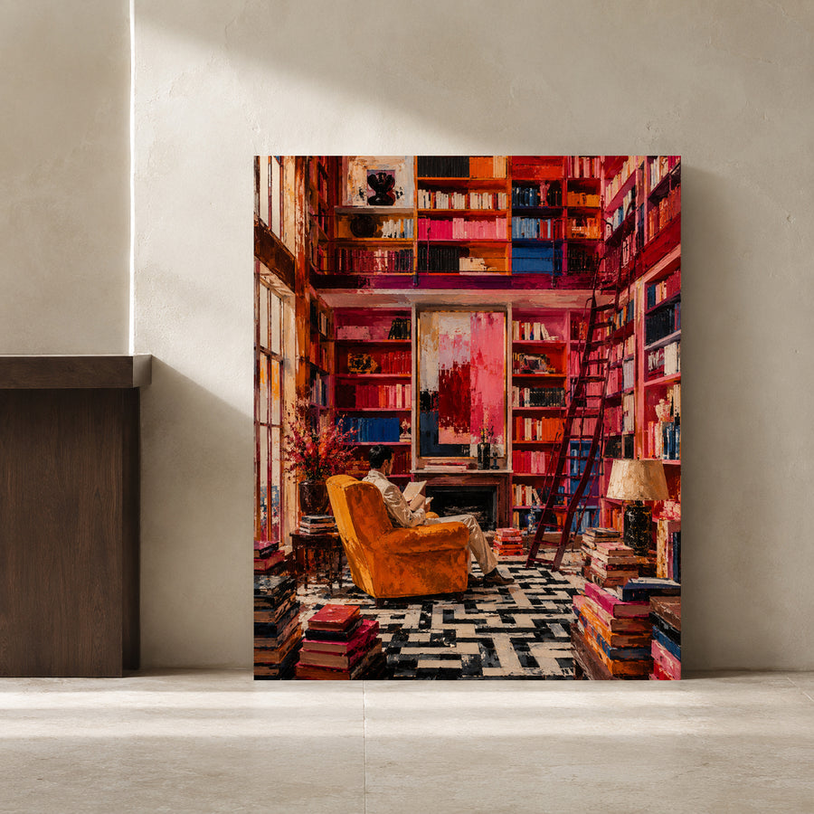 A large vertical canvas print leaning against a light beige wall in a minimalist interior setting. The artwork depicts a cozy, vibrant library scene with a mustard yellow armchair, a person reading, and a black-and-white geometric rug, surrounded by red and pink bookshelves.