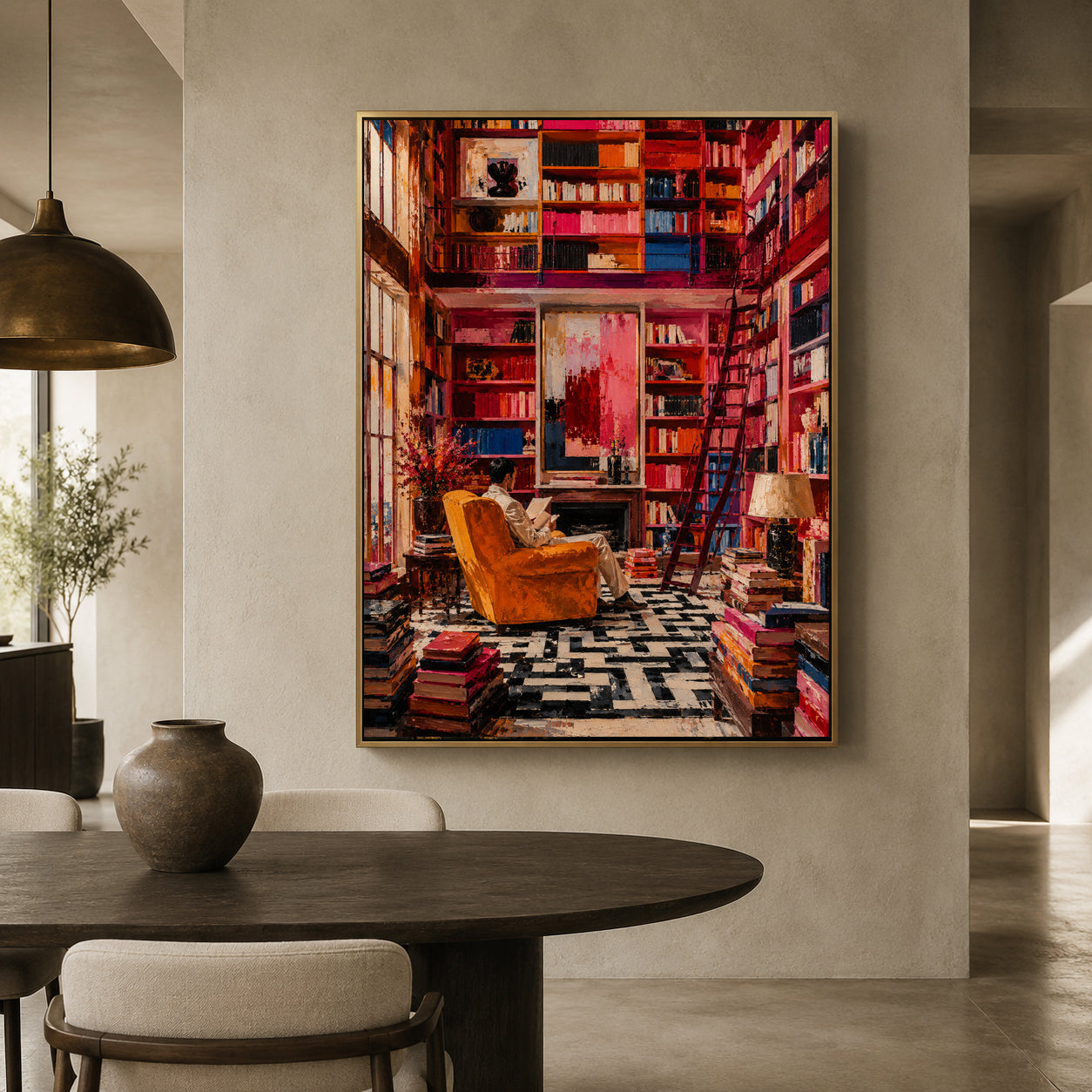 A large framed canvas print of a colorful, busy library interior hangs on a light beige wall in a modern dining room setting with a dark wood table and chairs.