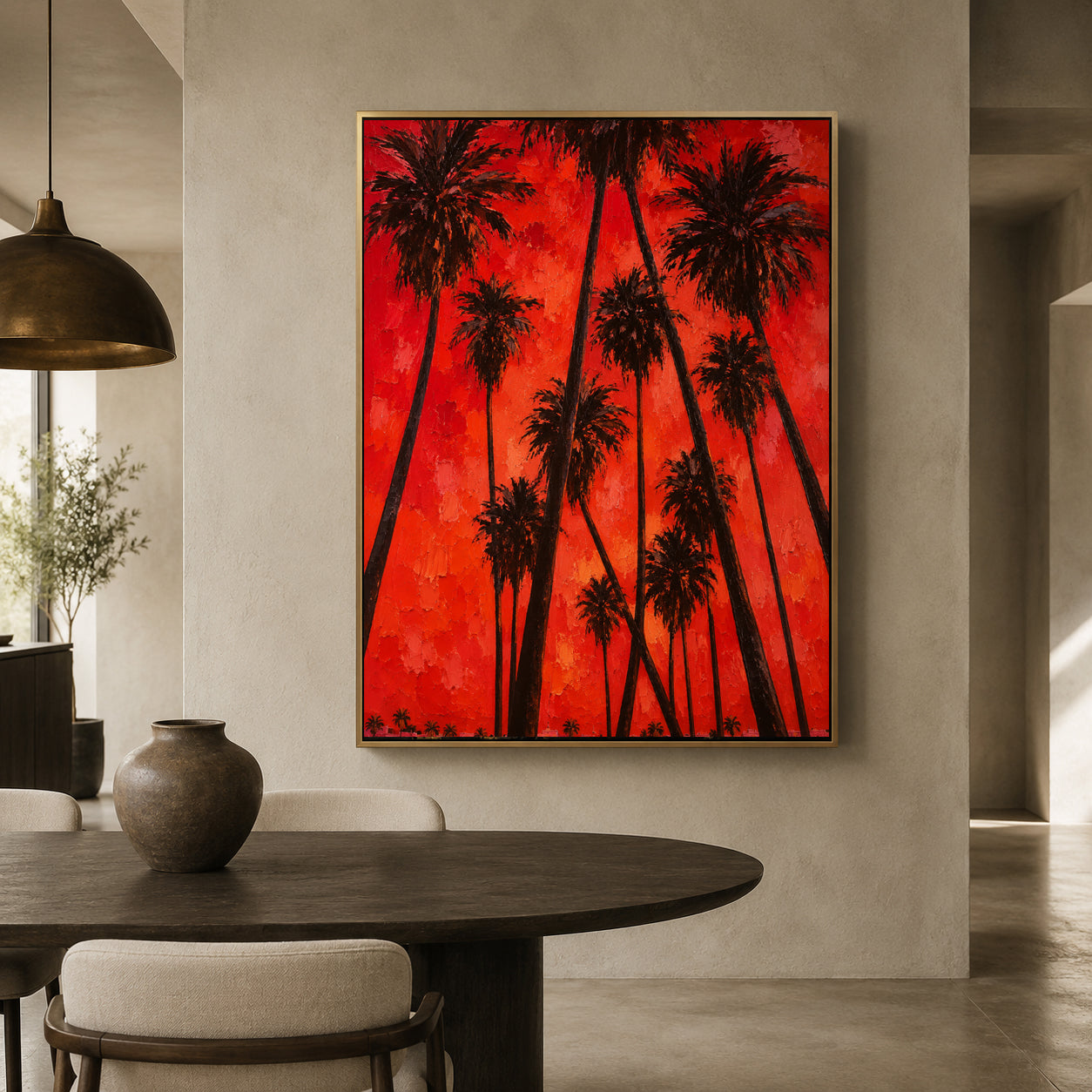 A framed wall art print featuring a vivid red background with black palm tree silhouettes, displayed above a dark wood dining table in a modern interior setting.