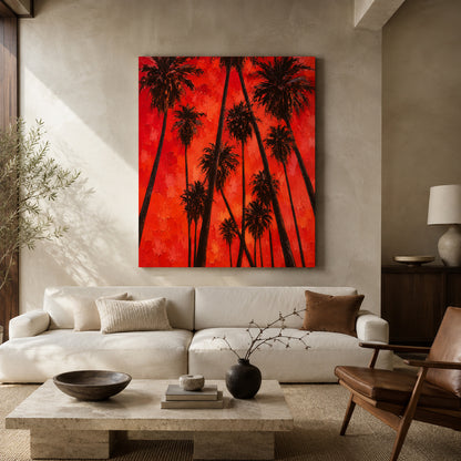 A large rectangular canvas painting featuring black palm tree silhouettes against a vivid red-orange sky, displayed above a white sofa in a modern living room.