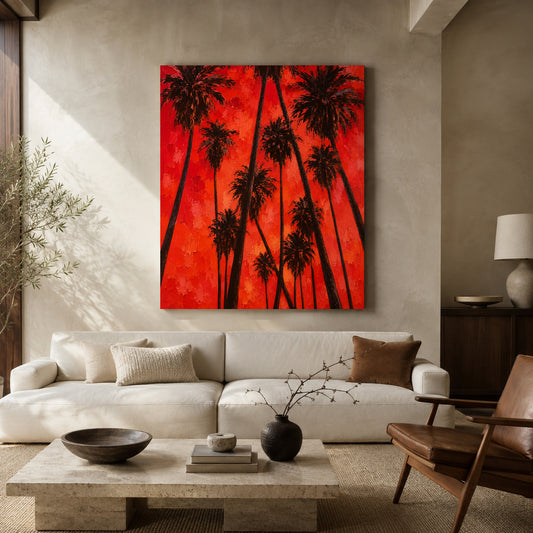 A large rectangular canvas painting featuring black palm tree silhouettes against a vivid red-orange sky, displayed above a white sofa in a modern living room.