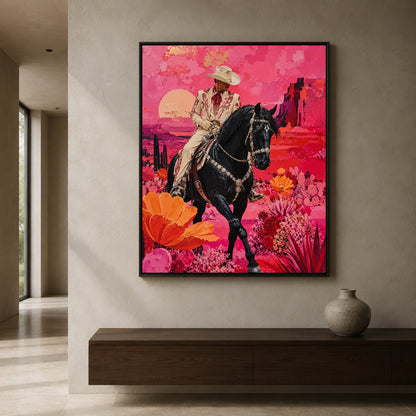 Maximalist Pink Western Cowboy Canvas Art with Black Horse