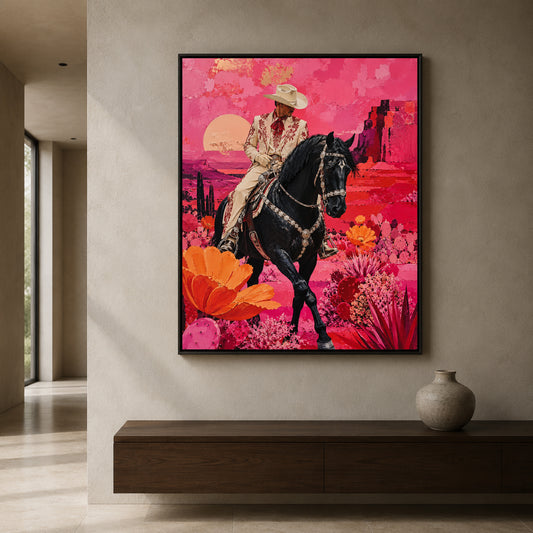Maximalist Pink Western Cowboy Canvas Art with Black Horse