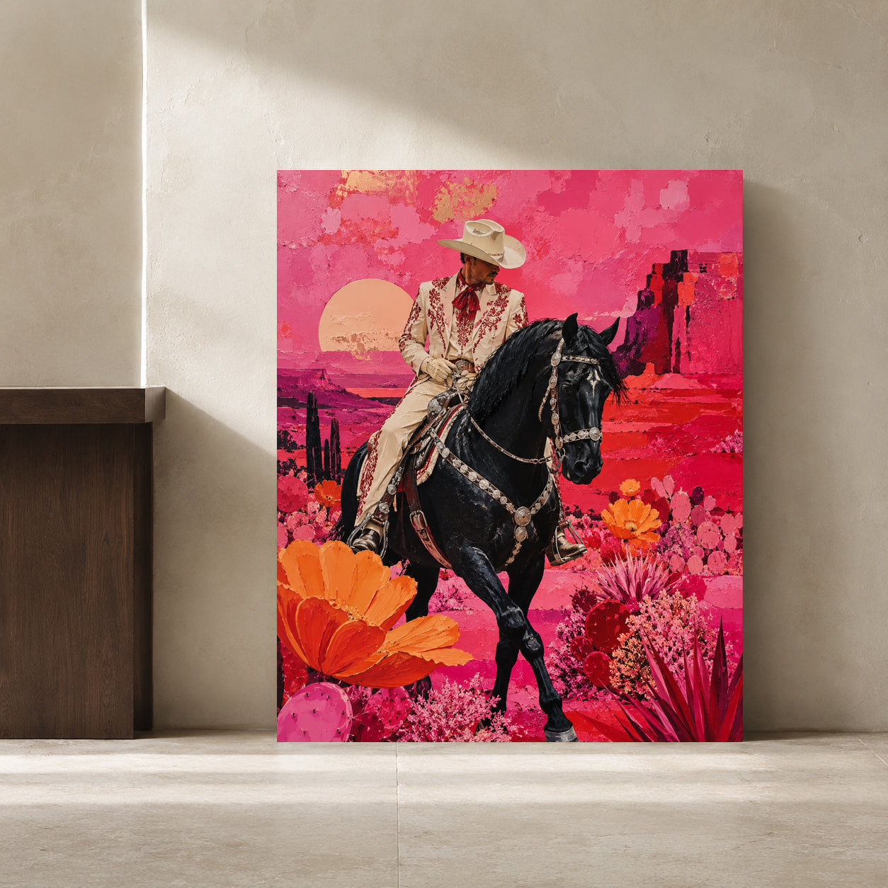 Maximalist Pink Western Cowboy Canvas Art with Black Horse