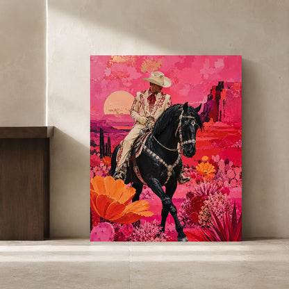Maximalist Pink Western Cowboy Canvas Art with Black Horse